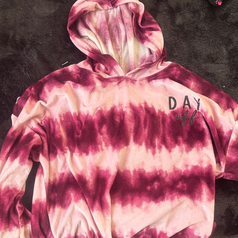 Justice Pink & Burgundy Tie-Dye "DAY off" Hooded Pullover